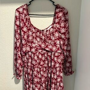 Floral Red Mini Long Sleeve Dress